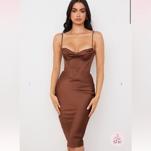 New House of CB Myrna Brown Chocolate Corset  Strappy Satin Silk Dress meshki L